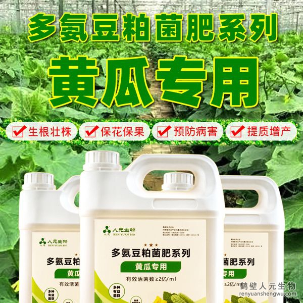 多氮豆粕菌肥系列黃瓜專用肥由河南省微生物菌劑工程技術(shù)研究中心研制，鶴壁市人元生物技術(shù)發(fā)展有限公司生產(chǎn)，本品是以固態(tài)發(fā)酵豆粕為主要原料，豆粕經(jīng)過有益微生物菌種發(fā)酵分解，充分釋放游離氨基酸，同時(shí)輔以枯草、地衣、膠凍樣芽孢桿菌等有益菌群。